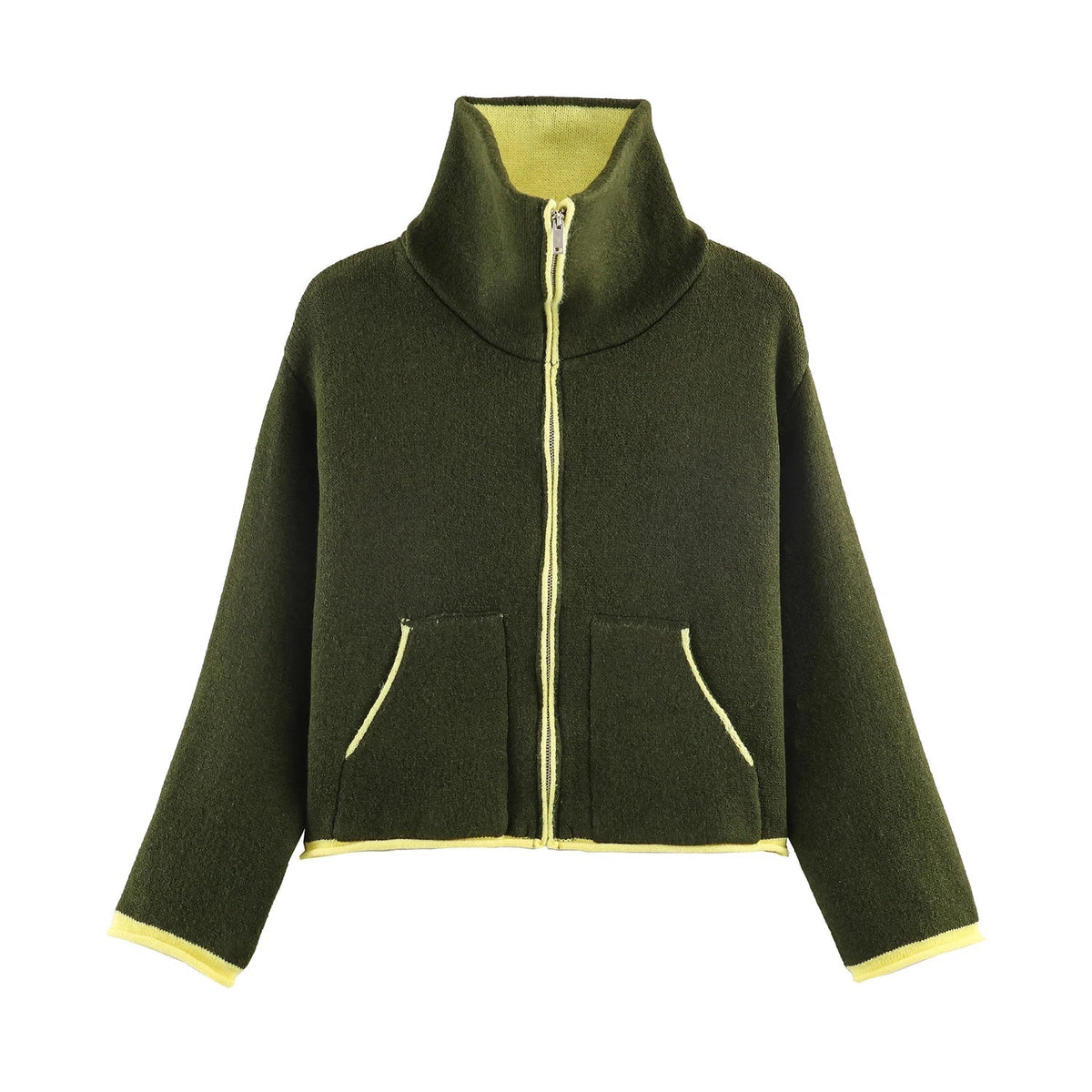 OLANE Stand Collar Contrast Knit Pilot Jacket BrownMJacket