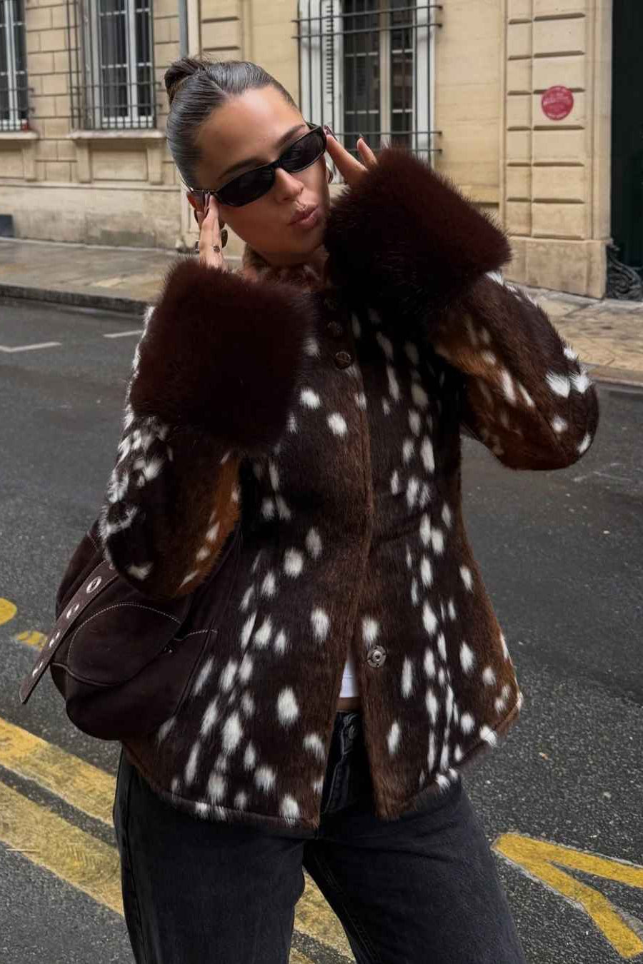 OLANE Stand Collar Faux Fur Bambi Jacket LWomen's Coats & Jackets