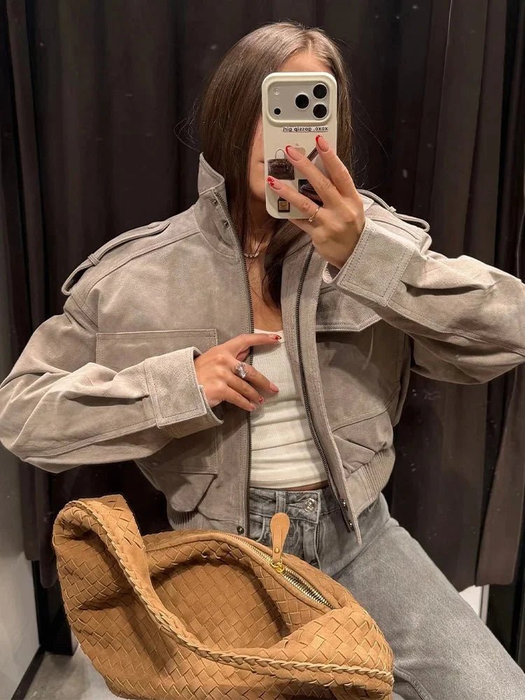 OLANE Stand Collar Faux Suede Cropped Jacket GreySWomen's Coats & Jackets