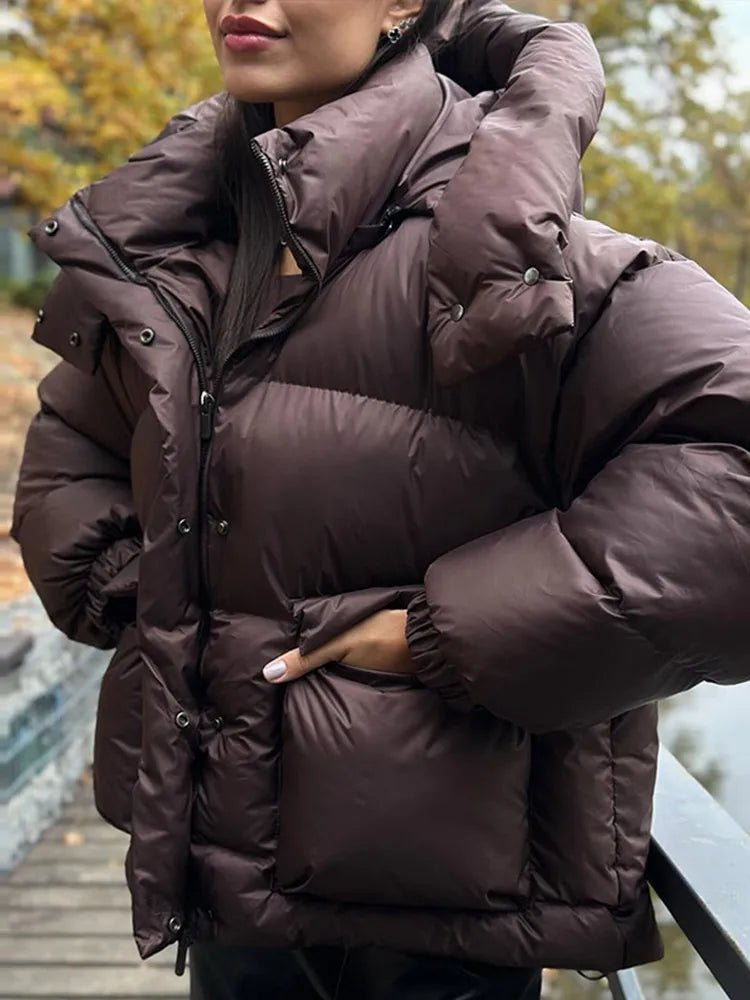 OLANE Stand Collar Hooded Puffer Jacket Dark BrownLWomen's Coats & Jackets