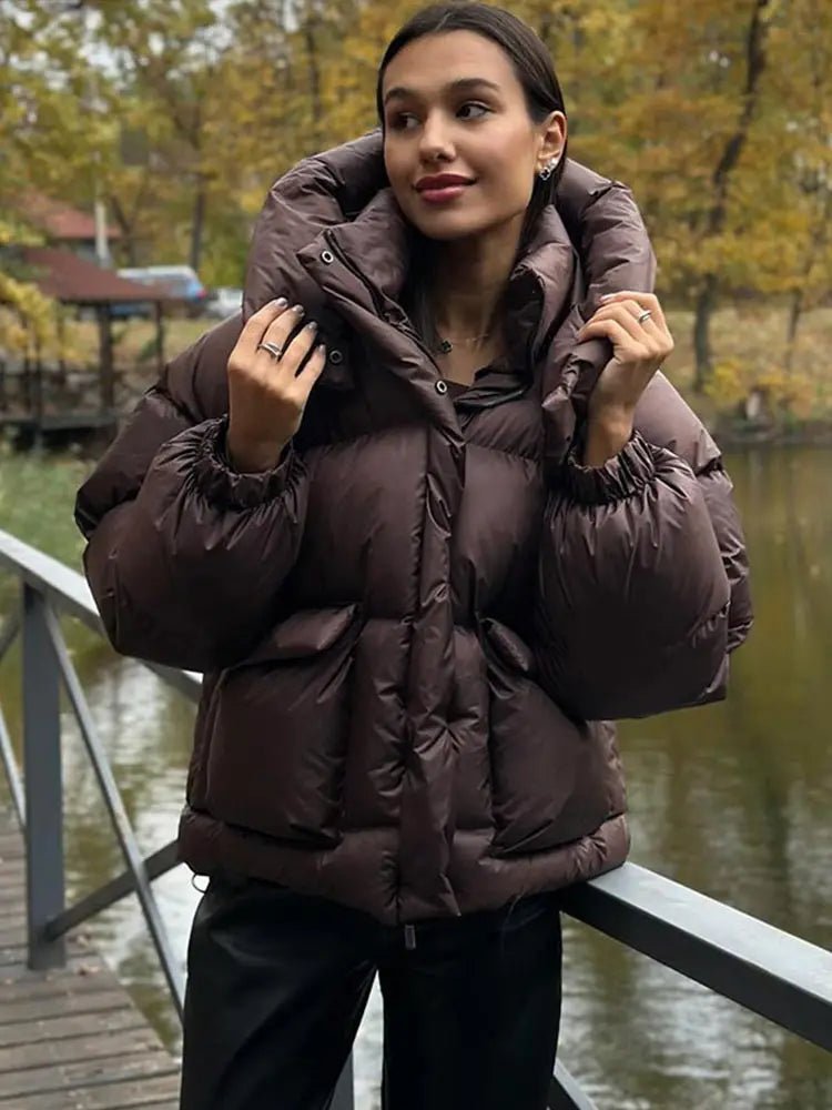 OLANE Stand Collar Hooded Puffer Jacket Dark BrownMWomen's Coats & Jackets