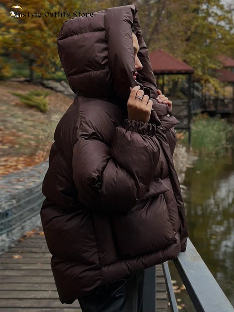 OLANE Stand Collar Hooded Puffer Jacket Dark BrownMWomen's Coats & Jackets