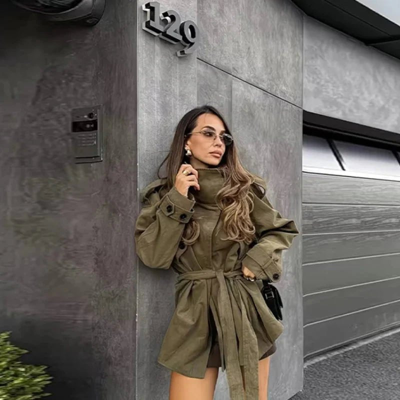 OLANE Stand Up Collar Belted Trench Coat Women's Coats & Jackets