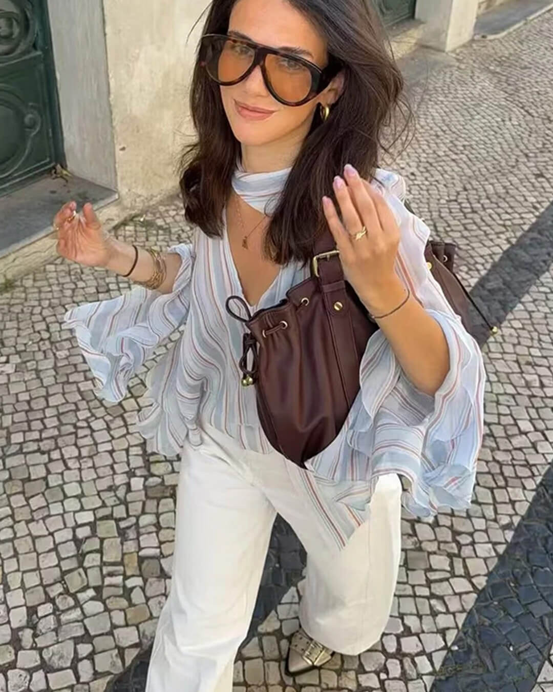 OLANE Stripe Ruffle Tie-Neck Blouse Light BlueSWomen’s Tops