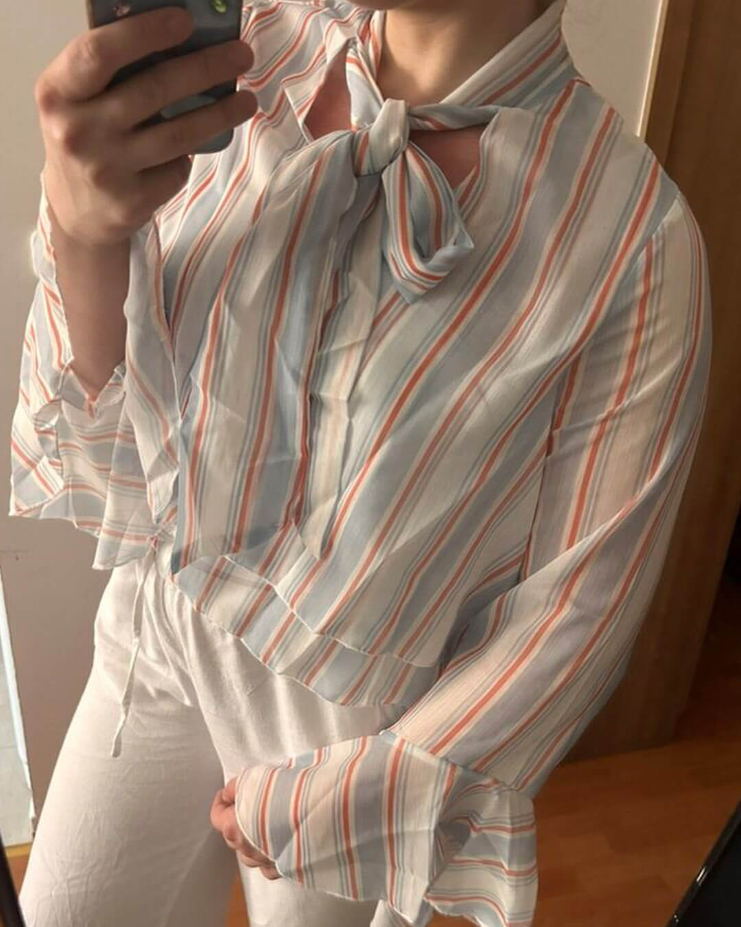 OLANE Stripe Ruffle Tie-Neck Blouse Light BlueSWomen’s Tops
