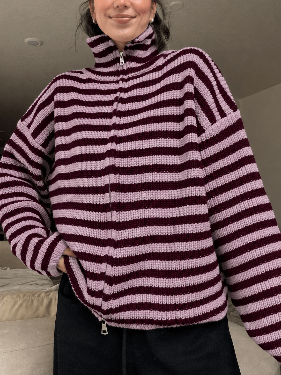 OLANE Striped High-Neck Knit Sweater SWomen's Sweaters & Cardigans