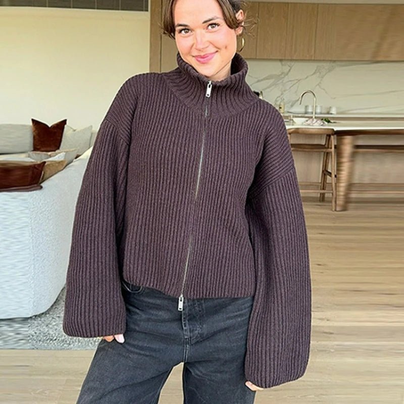 OLANE Striped High Neck Zip-Up Cardigan BrownSCardigan
