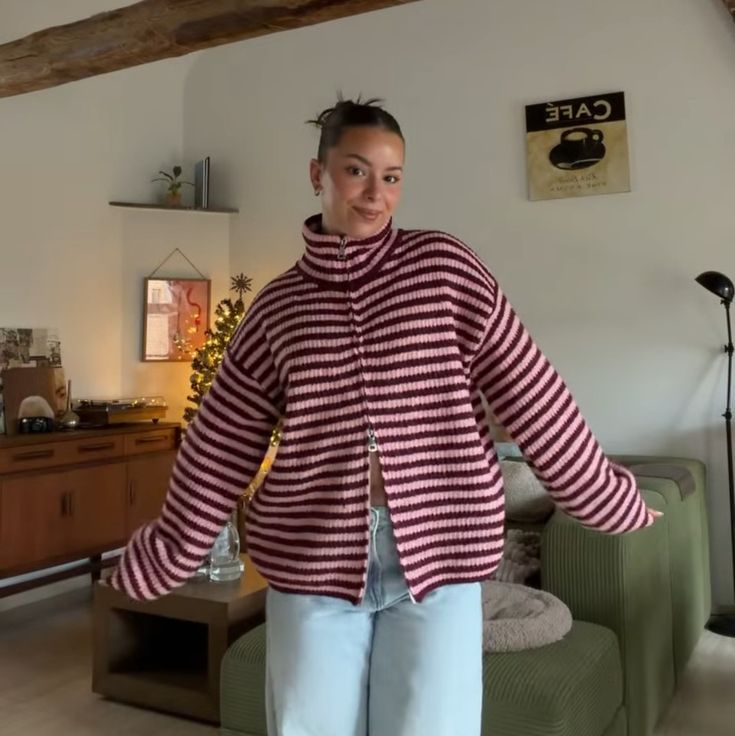 OLANE Striped High Neck Zip-Up Cardigan Red StripesMCardigan