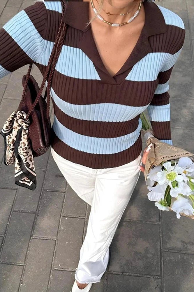 OLANE Striped Long Sleeve Knit Polo Pullover MWomen’s Tops
