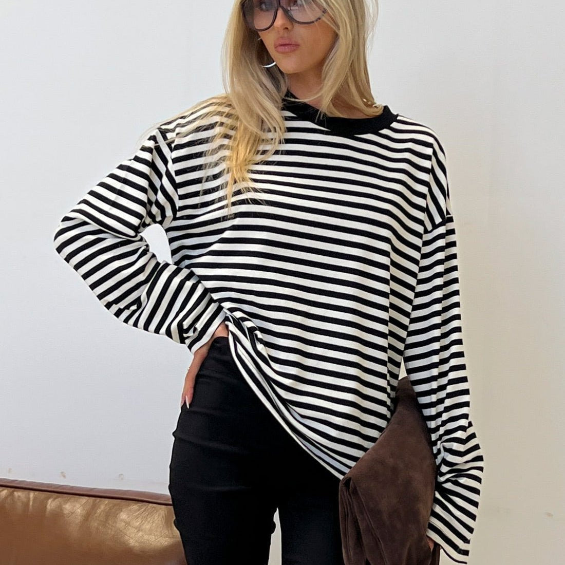 OLANE Striped Oversized Knit Sweater BlackXSWomen's Sweaters & Cardigans