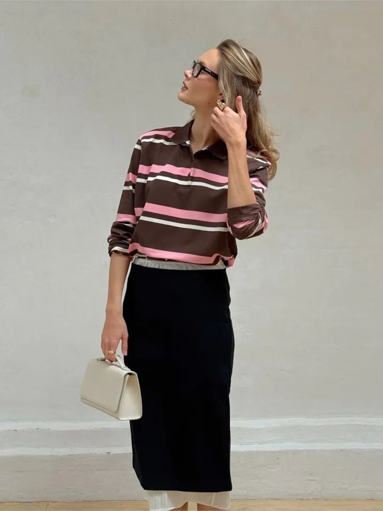 OLANE Striped Polo Long Sleeve Top StripedLTop