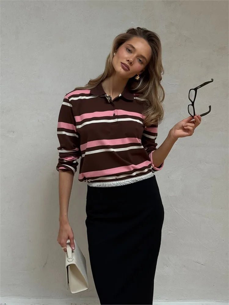 OLANE Striped Polo Long Sleeve Top StripedMTop