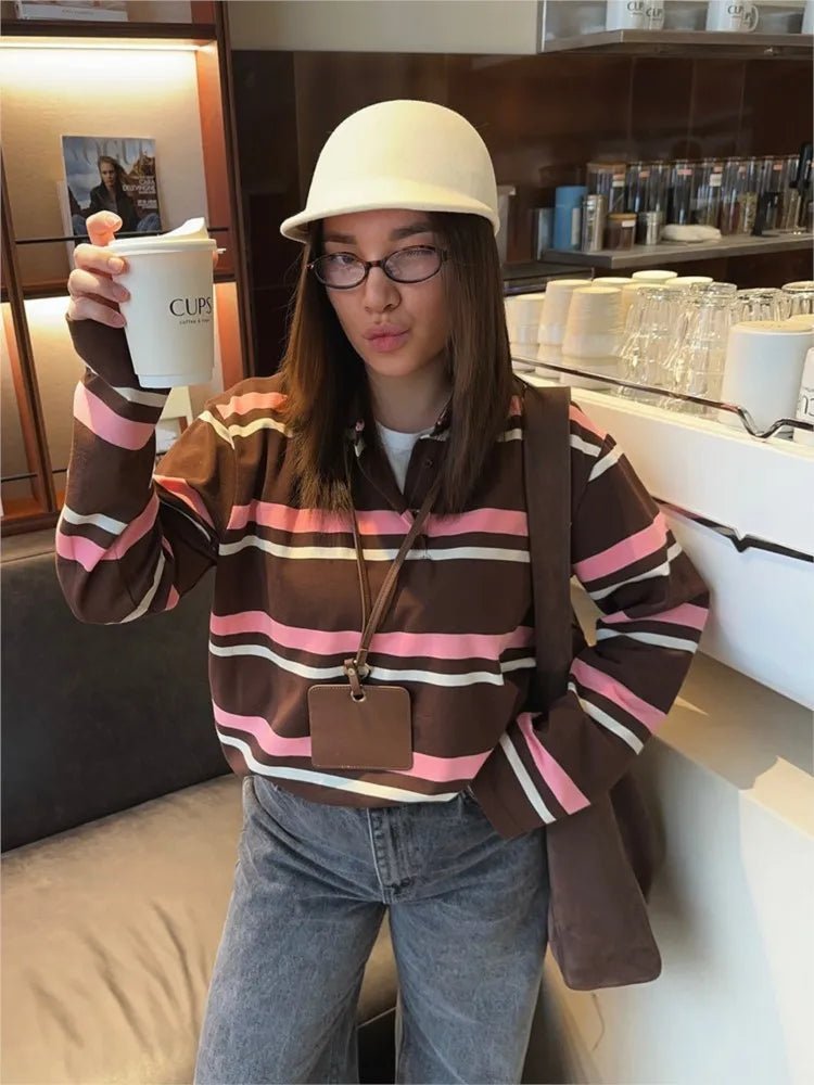 OLANE Striped Polo Long Sleeve Top StripedSTop