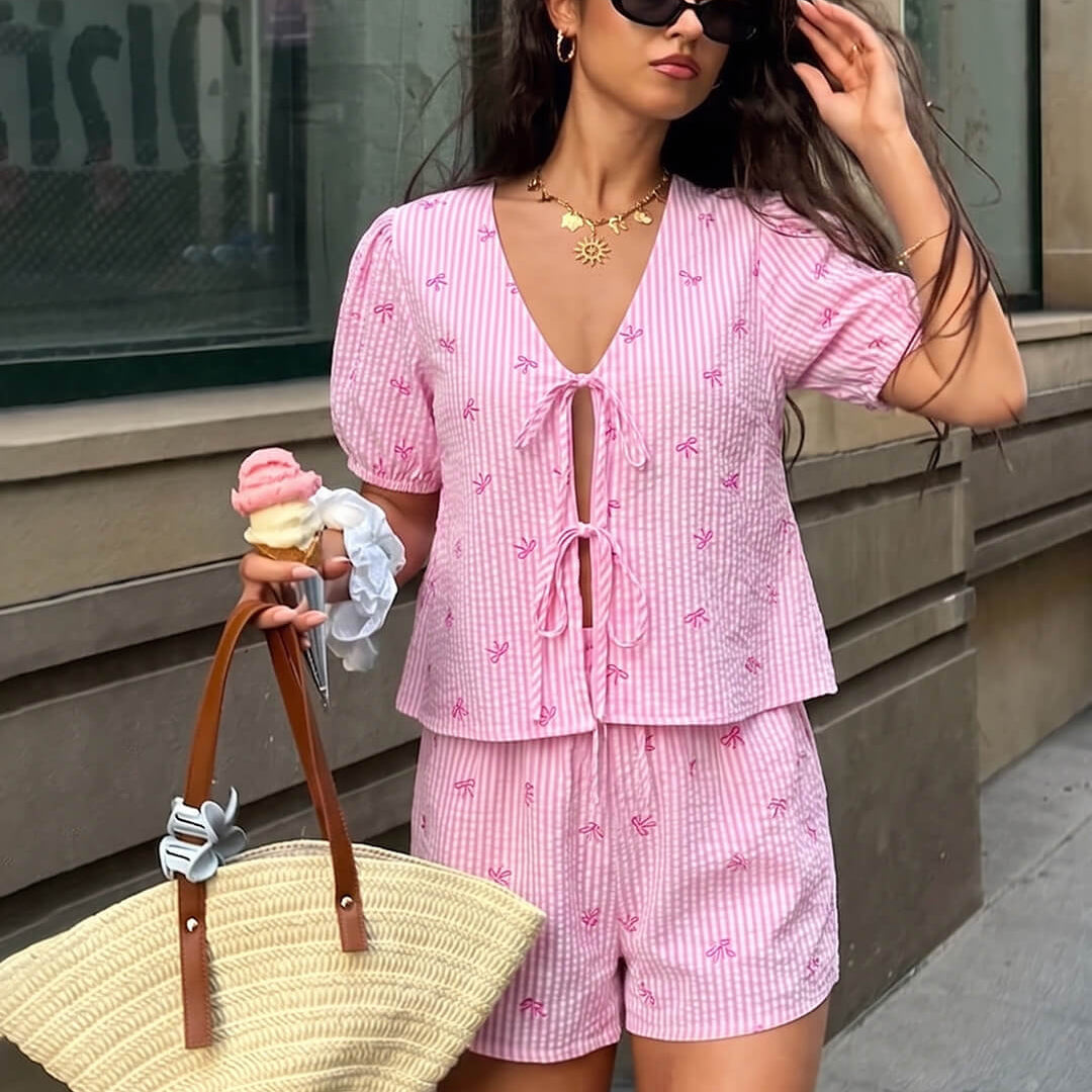 OLANE Striped Puff Sleeve Tie-Front Shorts Set Pink SetSWomen's Sets