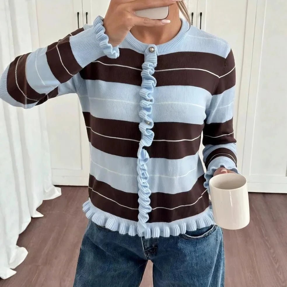 OLANE Striped Ruffle Cuff Knit Pullover MWomen's Sweaters & Cardigans