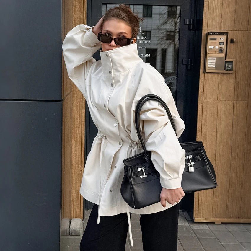 OLANE Stylish Contrast Collar Windbreaker Jacket BeigeLWomen's Coats & Jackets