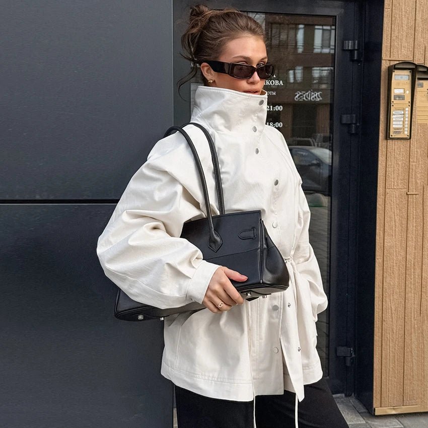 OLANE Stylish Contrast Collar Windbreaker Jacket BeigeMWomen's Coats & Jackets