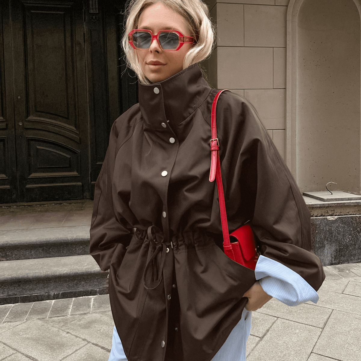OLANE Stylish Contrast Collar Windbreaker Jacket BrownSWomen's Coats & Jackets