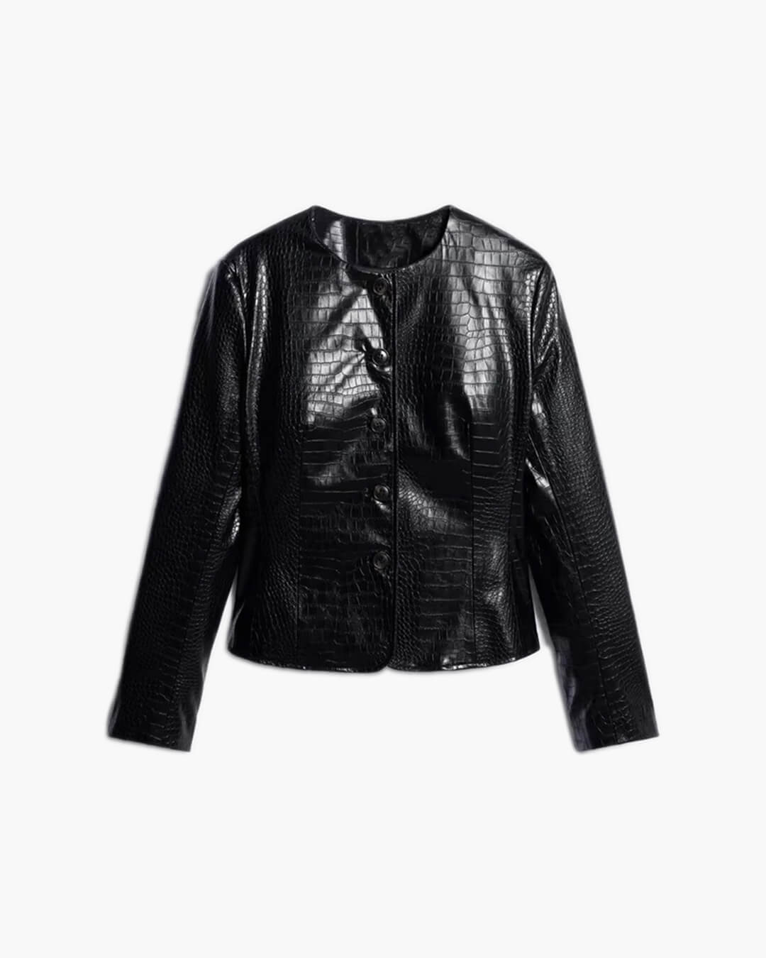 OLANE Stylish Croc Embossed Faux Leather Jacket BlackSWomen's Coats & Jackets