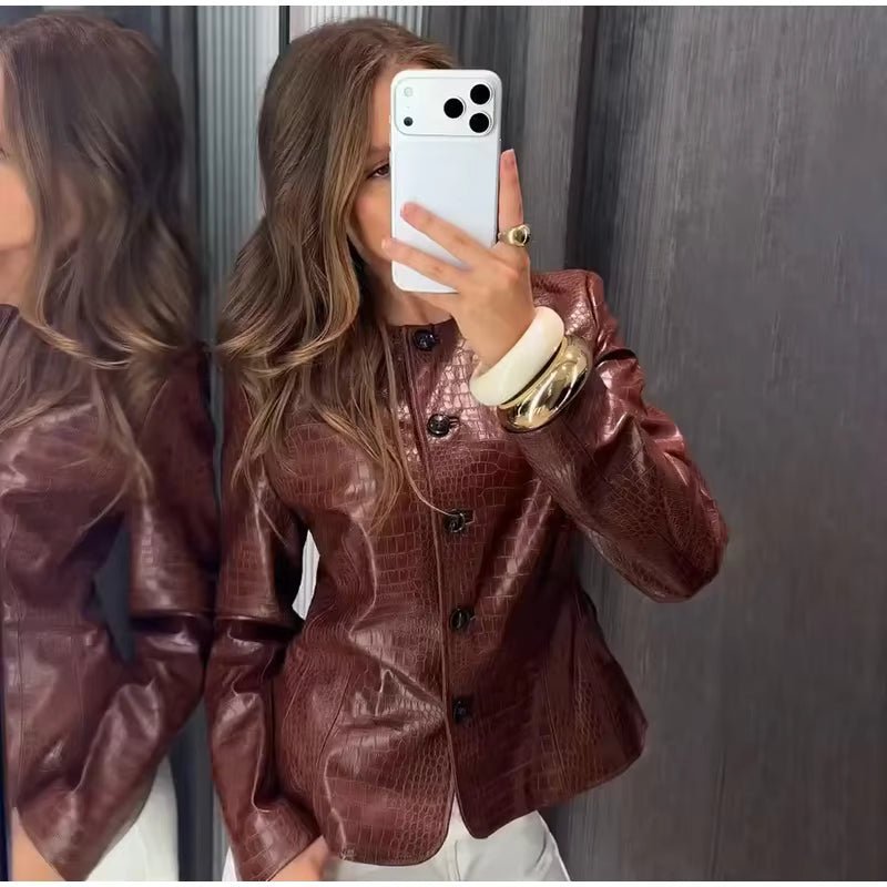 OLANE Stylish Croc Embossed Faux Leather Jacket BrownLWomen's Coats & Jackets