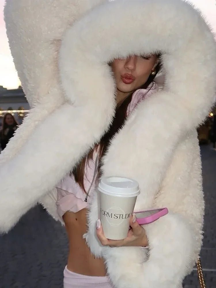 OLANE Stylish Fluffy Hooded Faux Fur Jacket WhiteSWomen's Coats & Jackets