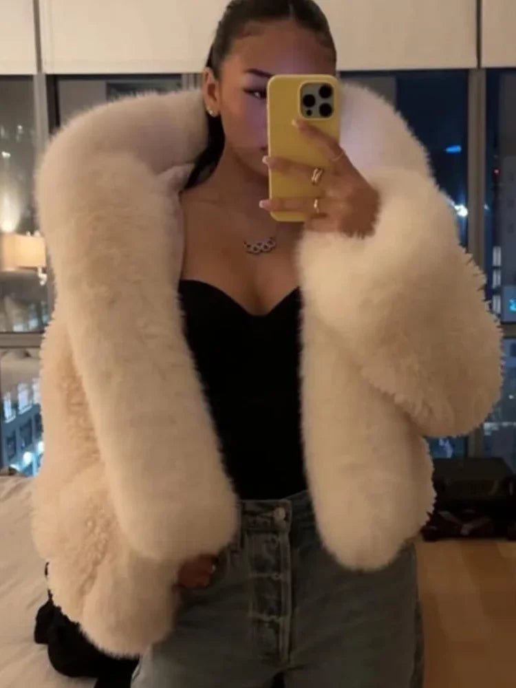 OLANE Stylish Fluffy Hooded Faux Fur Jacket WhiteSWomen's Coats & Jackets