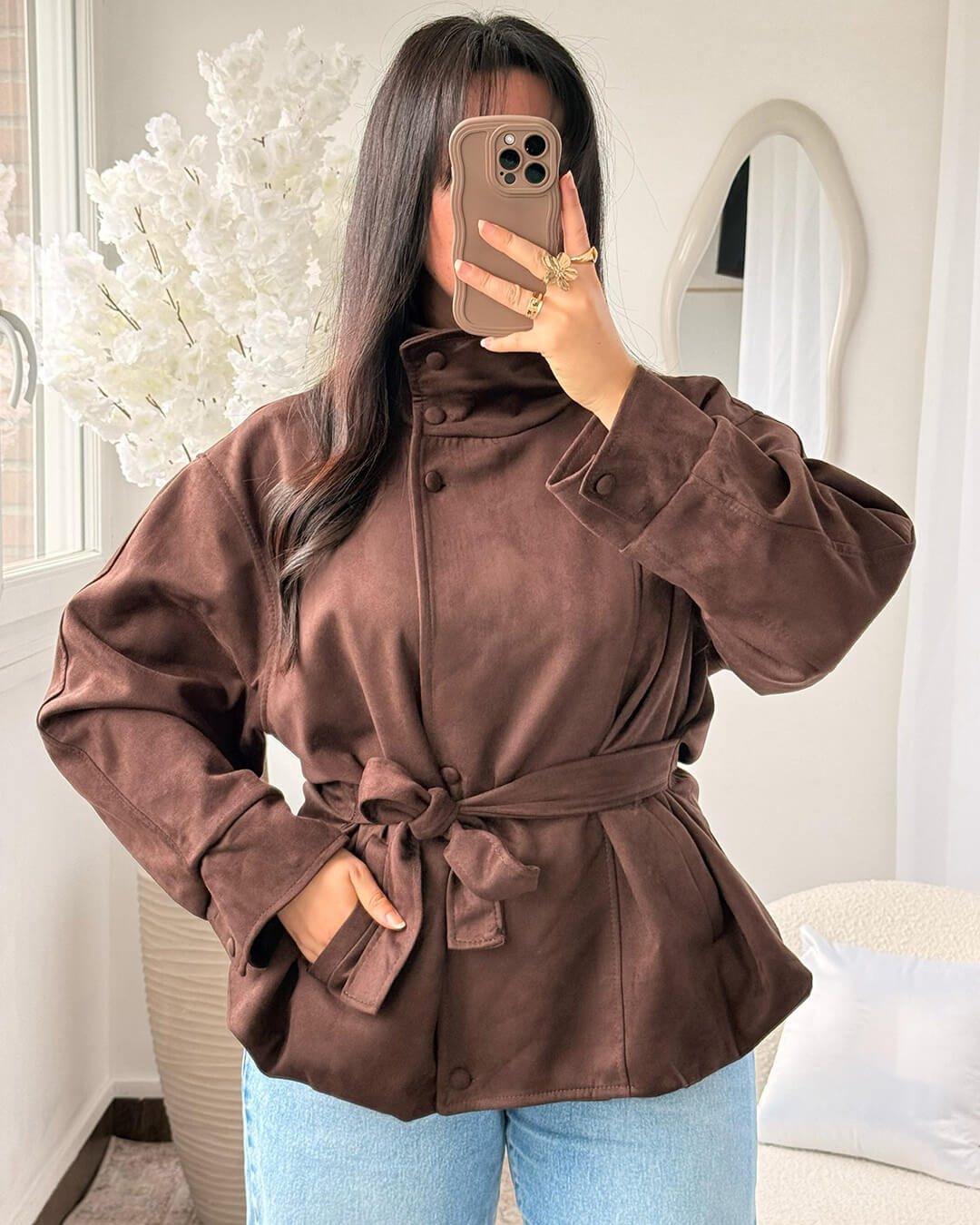 OLANE Stylish Funnel Faux Suede Trench Coat BrownSWomen's Coats & Jackets