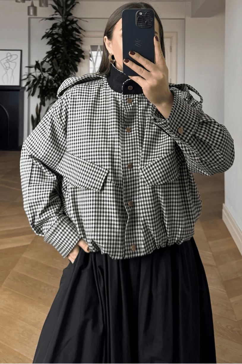 OLANE Stylish High Neck Checked Bomber Jacket LWomen's Coats & Jackets