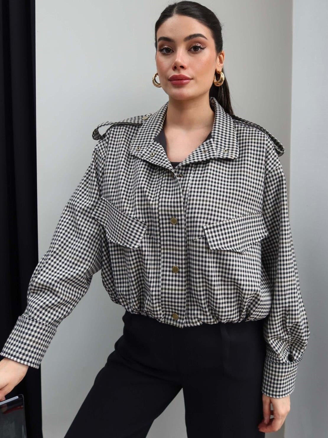 OLANE Stylish High Neck Checked Bomber Jacket SWomen's Coats & Jackets