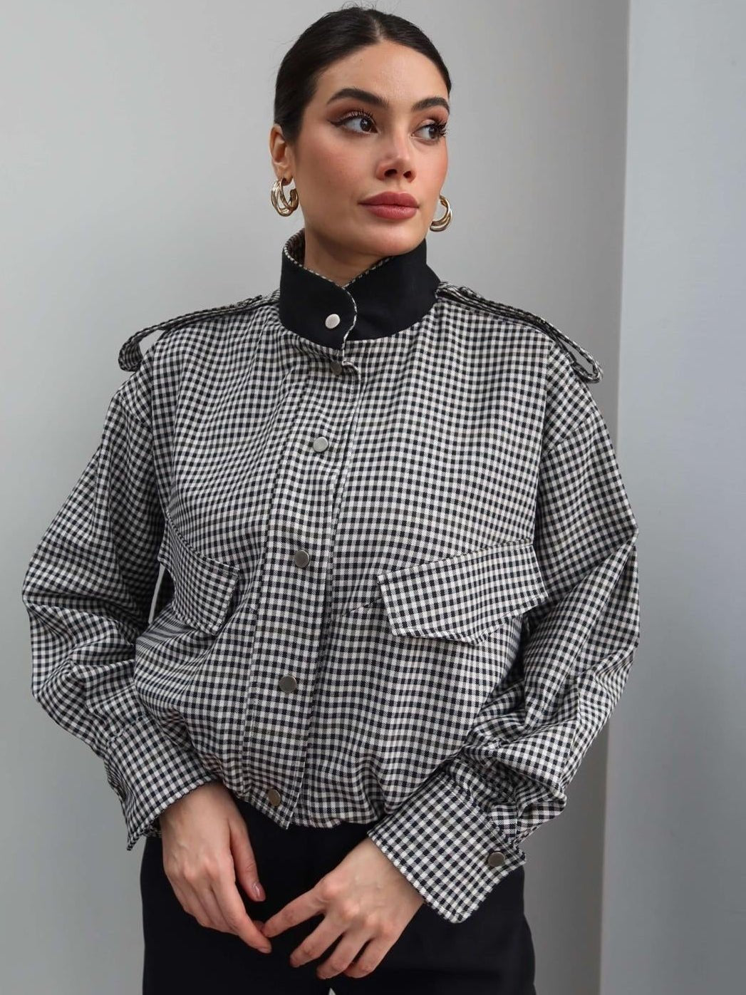 OLANE Stylish High Neck Checked Bomber Jacket XSWomen's Coats & Jackets