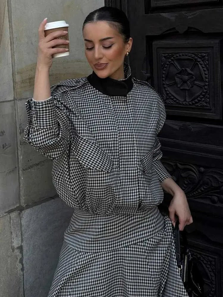 OLANE Stylish High Neck Checked Bomber Jacket XSWomen's Coats & Jackets