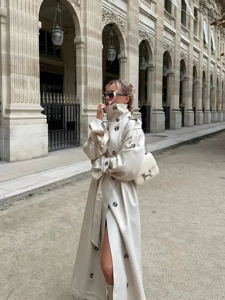 OLANE Stylish Long Belted Trench Coat LWomen's Coats & Jackets