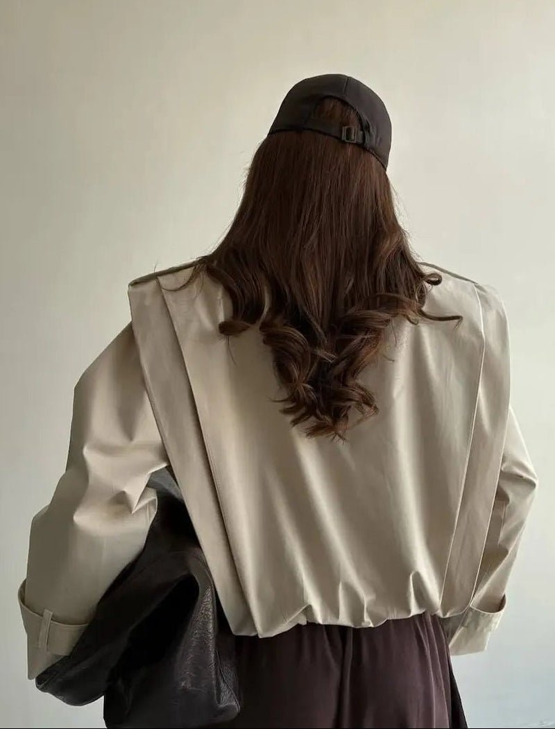 OLANE Tailored Pleated High Collar Trench Coat BeigeXSCoat