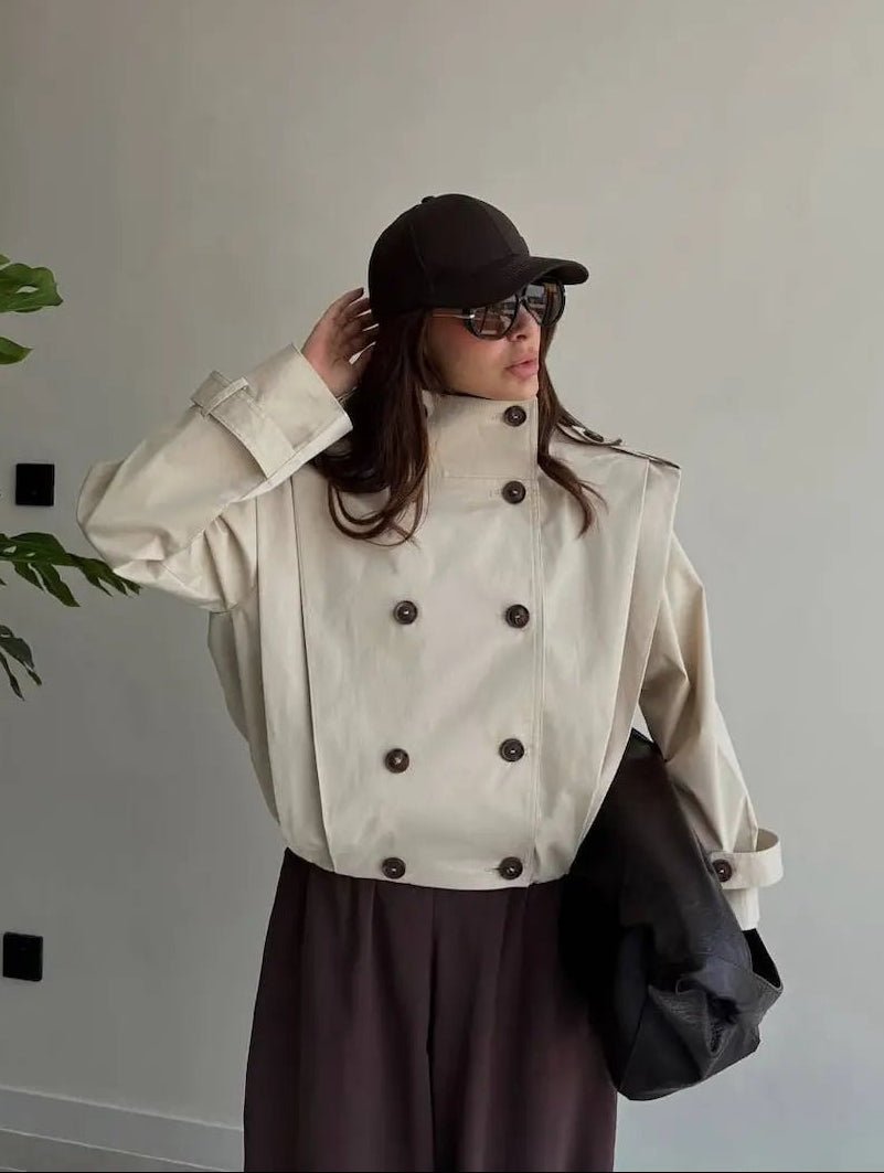 OLANE Tailored Pleated High Collar Trench Coat BeigeXSCoat