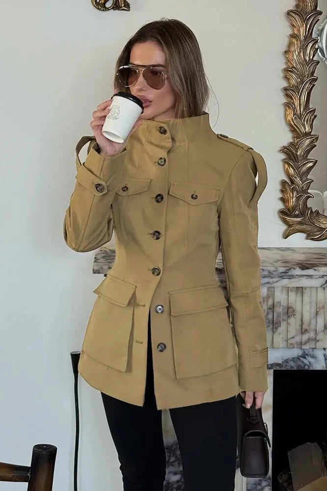 OLANE Tailored Stand Collar Utility Jacket BeigeXSJacket