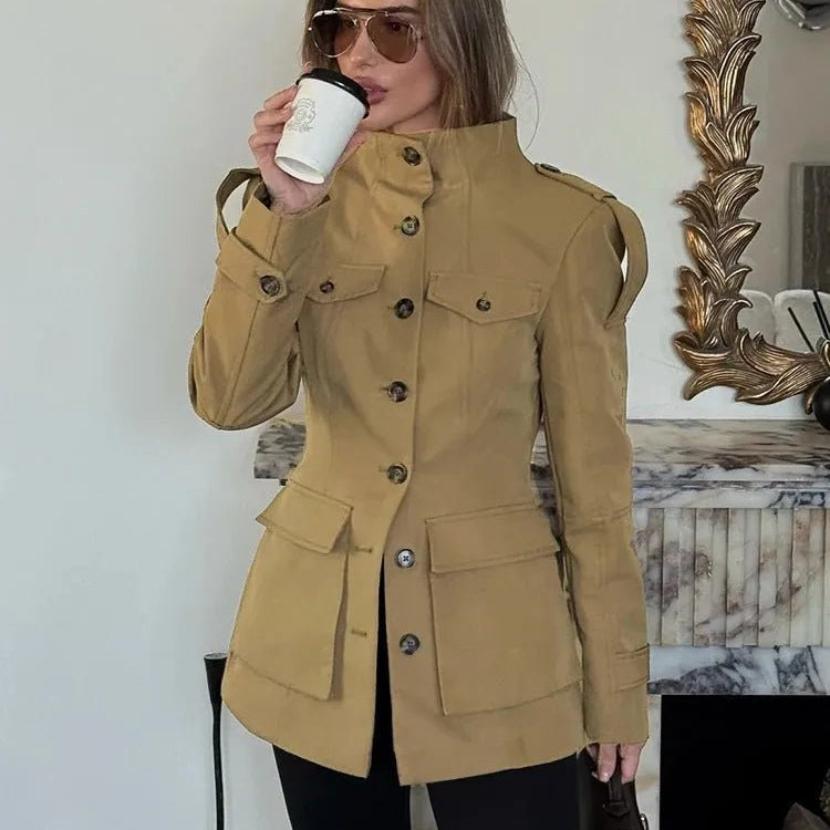 OLANE Tailored Stand Collar Utility Jacket BeigeXSJacket