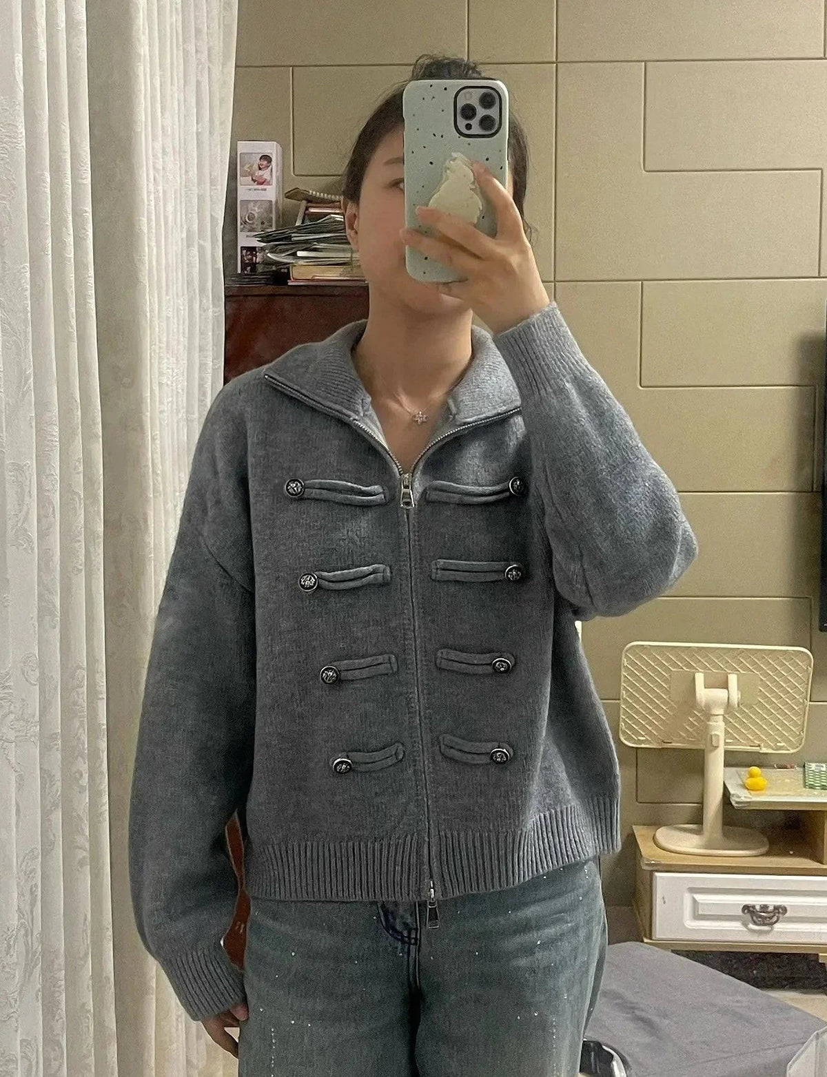 OLANE Turtleneck Zip Knit Cardigan Light BlueOne sizeWomen's Sweaters & Cardigans