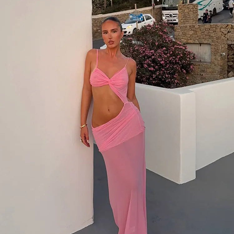 OLANE Twist Cut Out High Slit Maxi Dress PinkXSWomen's Dresses