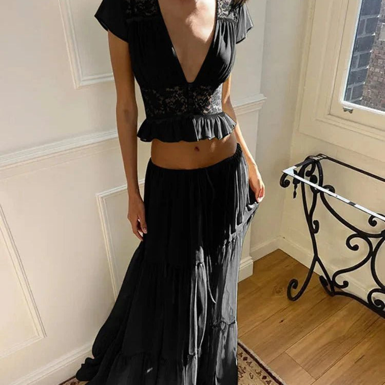 OLANE V-Neck Lace Crop Top Chiffon Two-Piece Set GreenXSWomen's Sets