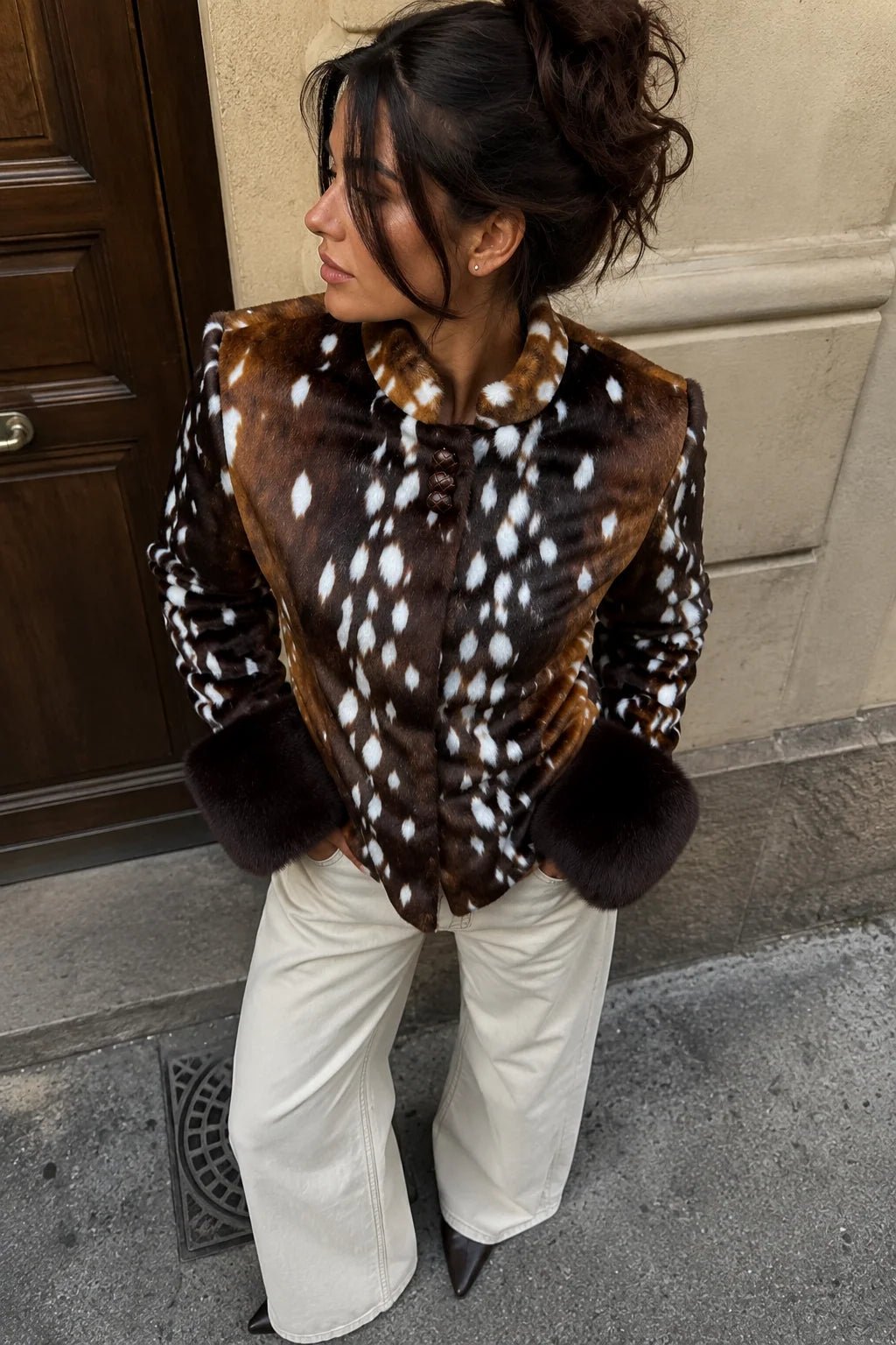 OLANE Vintage Dark Contrast Cuff Faux Fur Jacket BrownLWomen's Coats & Jackets