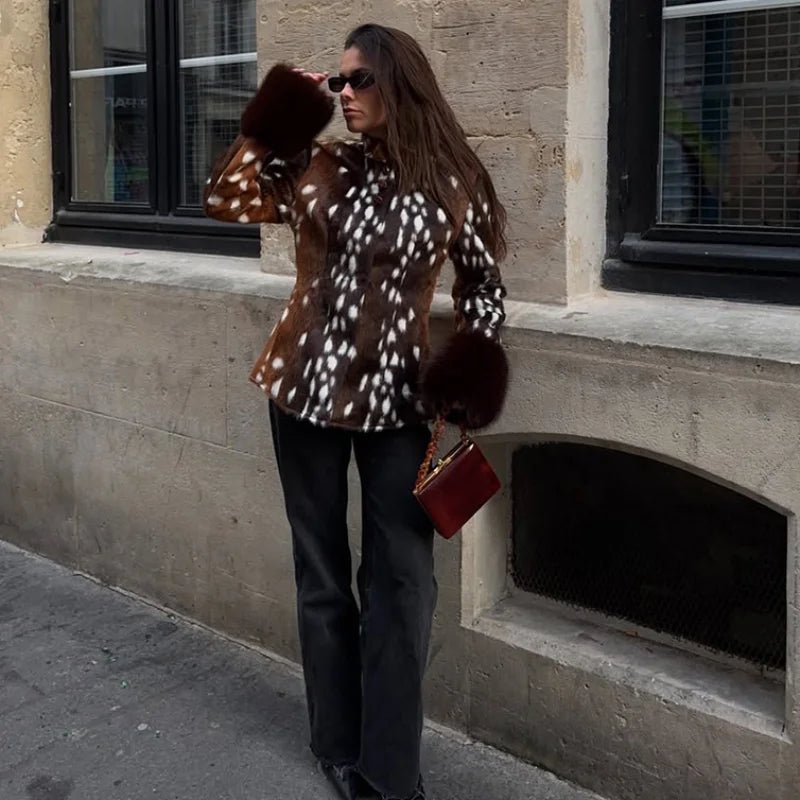 OLANE Vintage Dark Contrast Cuff Faux Fur Jacket BrownSWomen's Coats & Jackets
