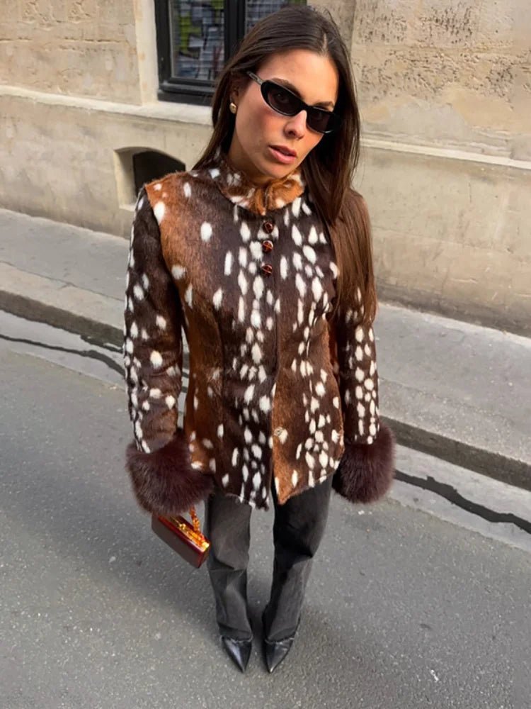 OLANE Vintage Dark Contrast Cuff Faux Fur Jacket BrownSWomen's Coats & Jackets