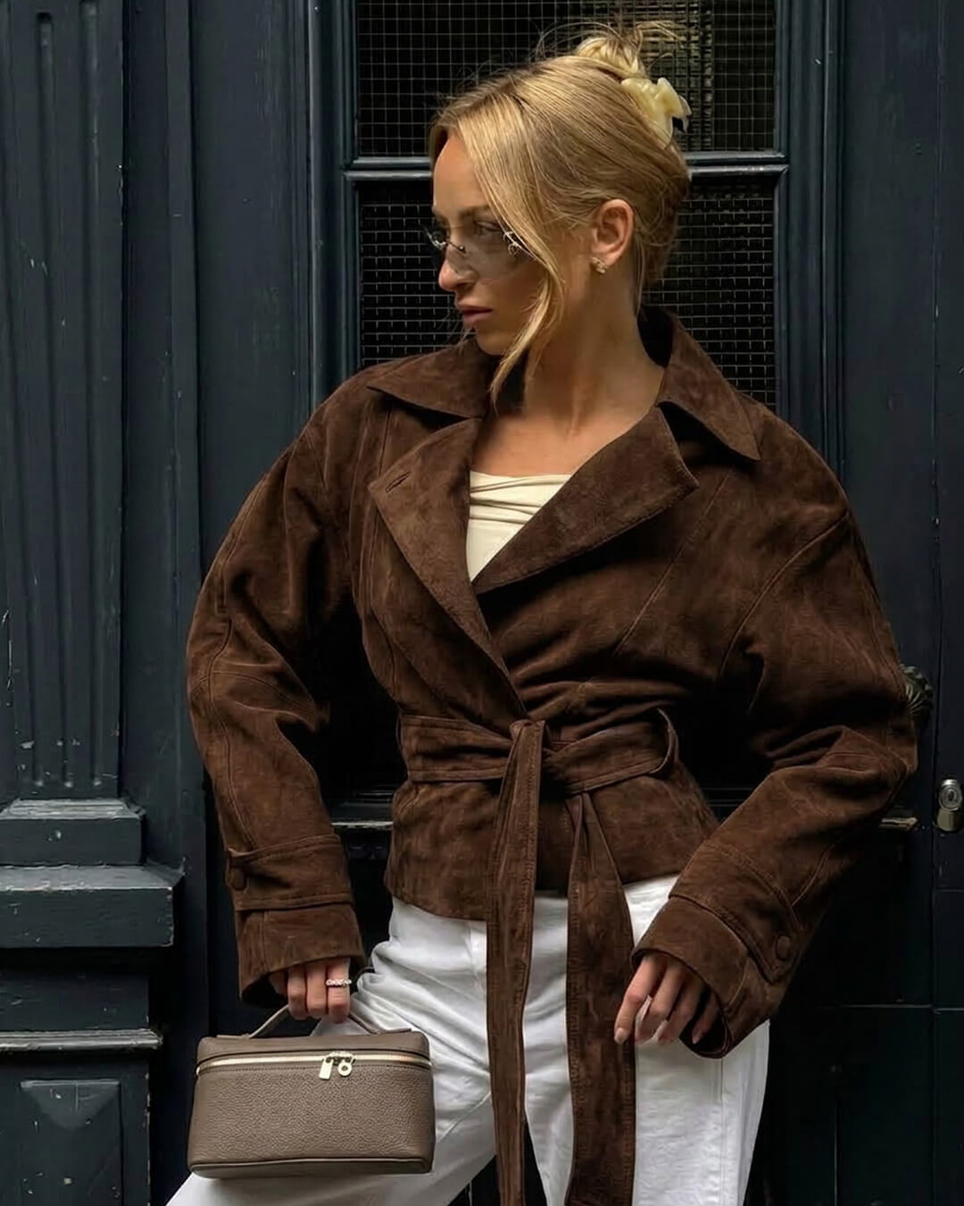 OLANE Vintage Faux Suede Belted Wrap Jacket BrownSWomen's Coats & Jackets