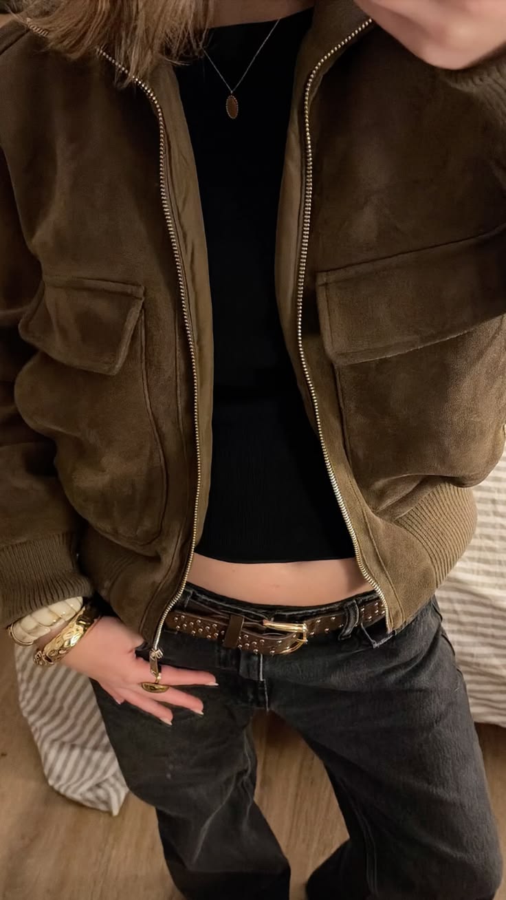 OLANE Vintage Faux Suede Bomber Jacket CoffeeXSWomen's Coats & Jackets