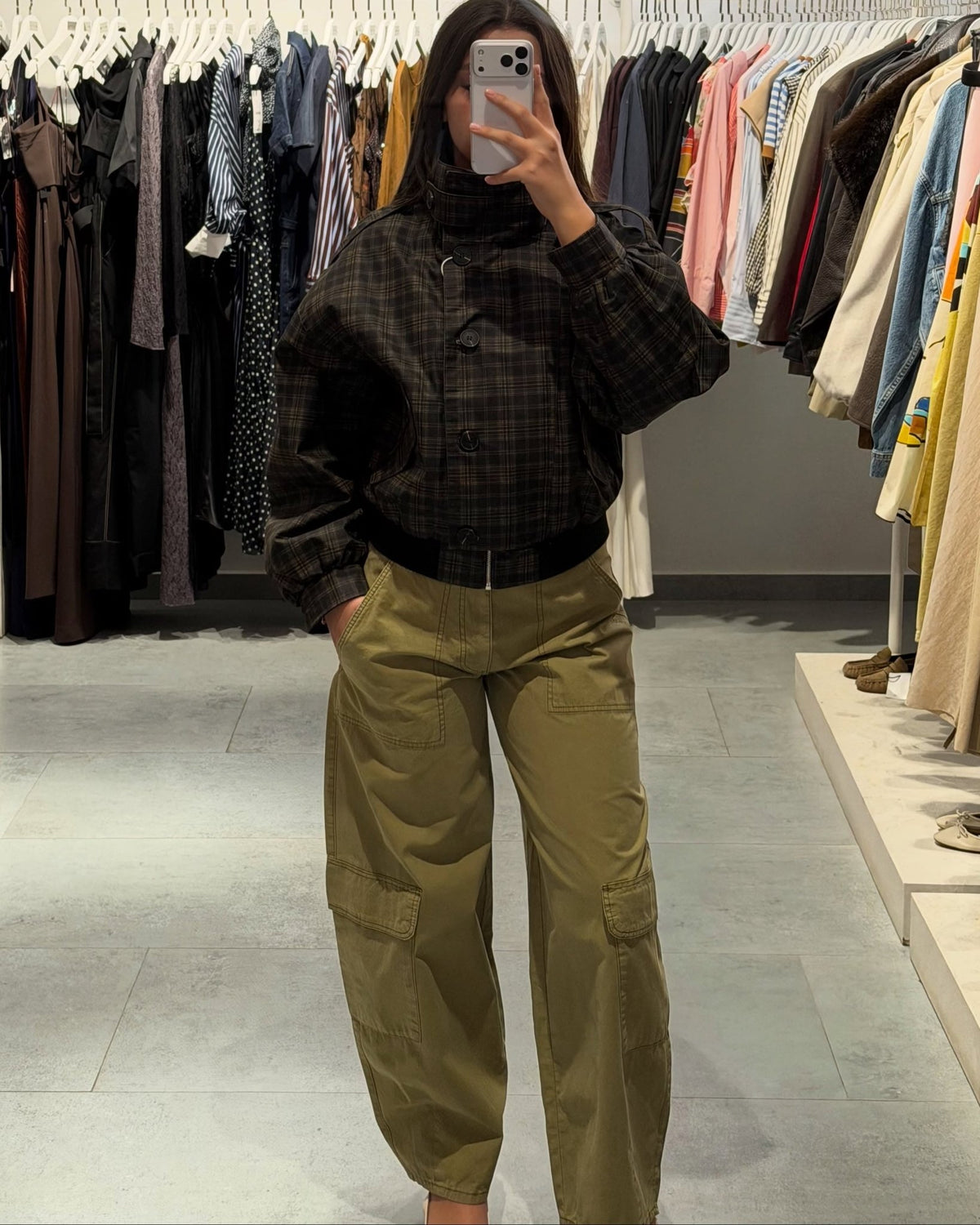 OLANE Vintage Plaid Stand Collar Bomber Jacket MJacket