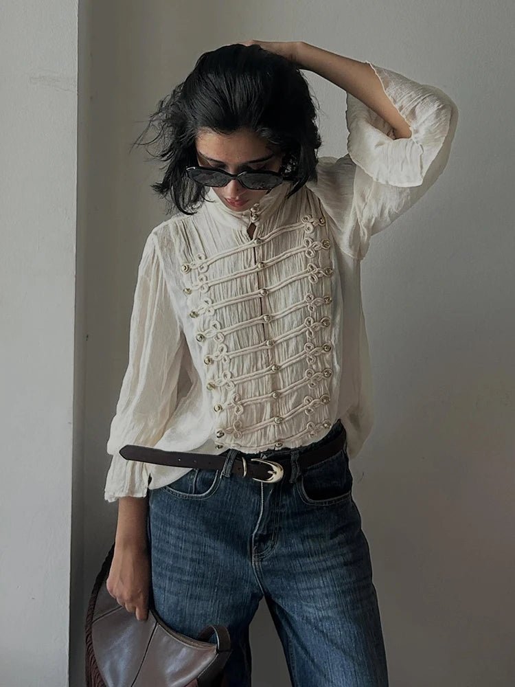 OLANE Vintage Stand Collar Frog Button Blouse BeigeSBlouse