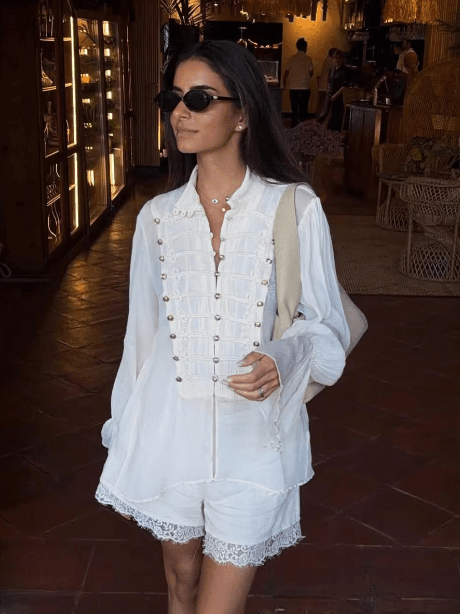 OLANE Vintage Stand Collar Frog Button Blouse BeigeSBlouse