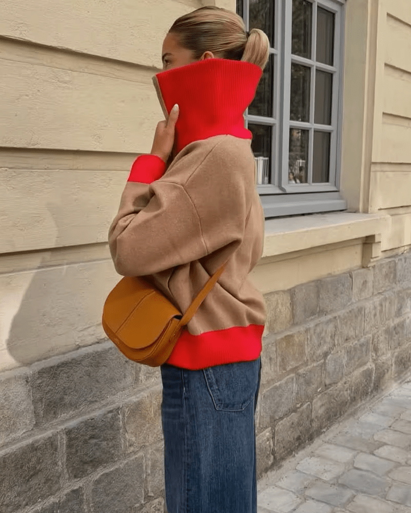 OLANE Wide Ribbed Collar Color Blocked Cardigan SCardigan