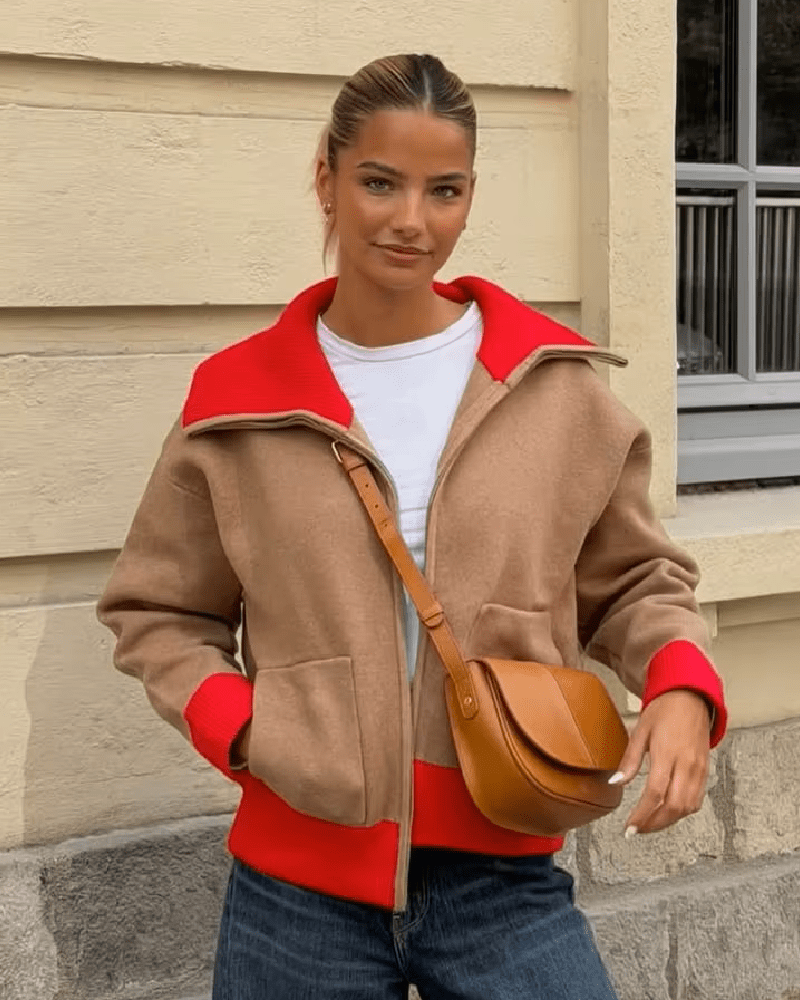 OLANE Wide Ribbed Collar Color Blocked Cardigan SCardigan