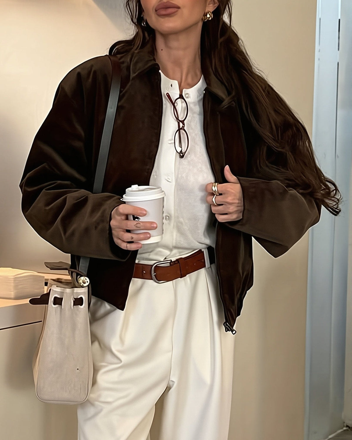 OLANE Zip Up Corduroy Bomber Jacket Coffee BrownSJacket